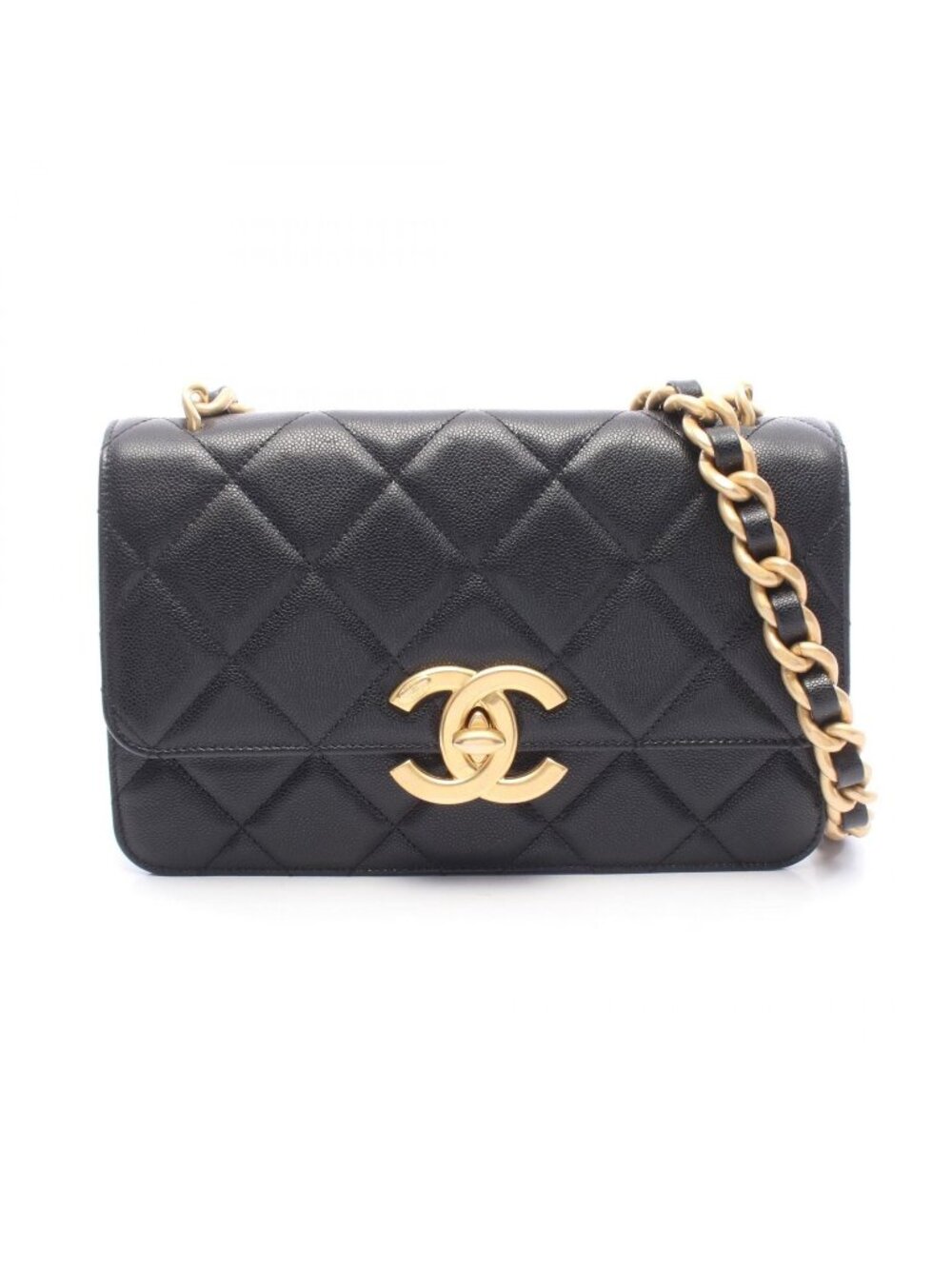 Chanel Shoulder Bag Quilted Black Caviar Leather Flap Chain